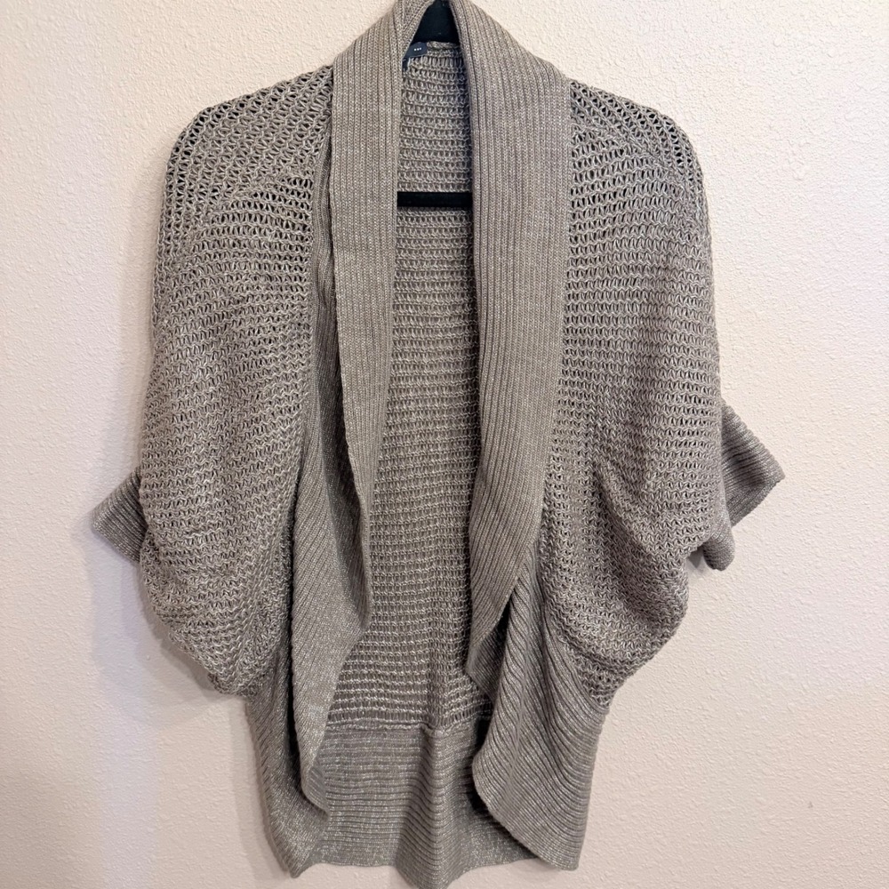 Gap Womens Metallic Open Knit Cardigan Sweater Taupe Grey Batwing Shawl Collar M